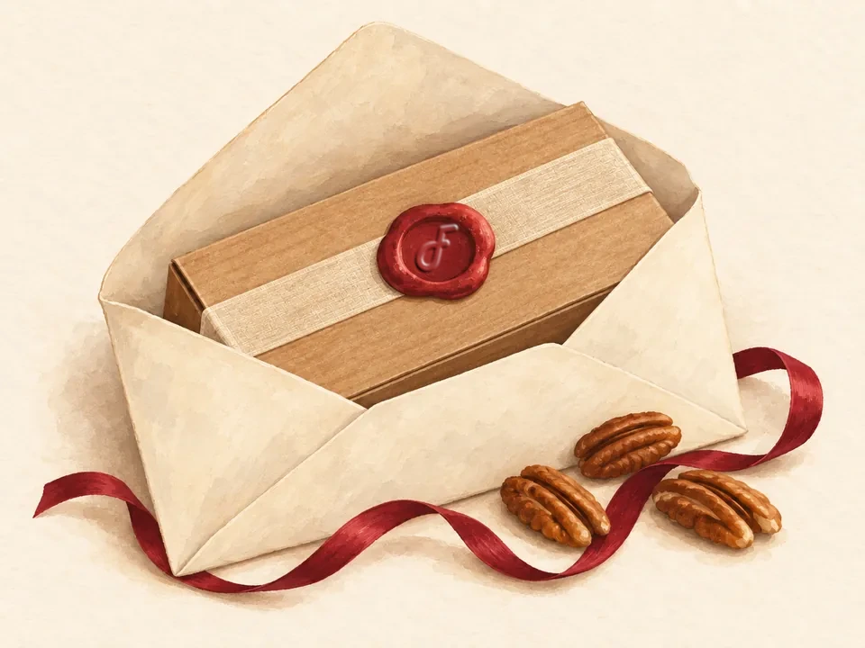 Illustration of a fudge box sealed with red wax stamped with the Fudge For All F, tucked into an envelope with a ribbon and pecans