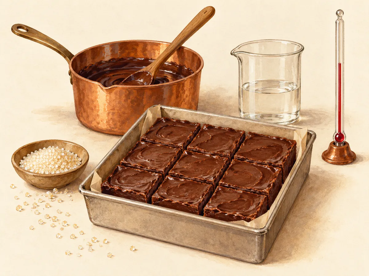 Illustration of a copper saucepan, a pan of fudge squares, a beaker and a candy thermometer